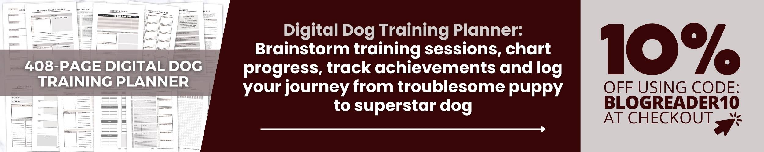 Banner for 10% discount on digital dog training planner